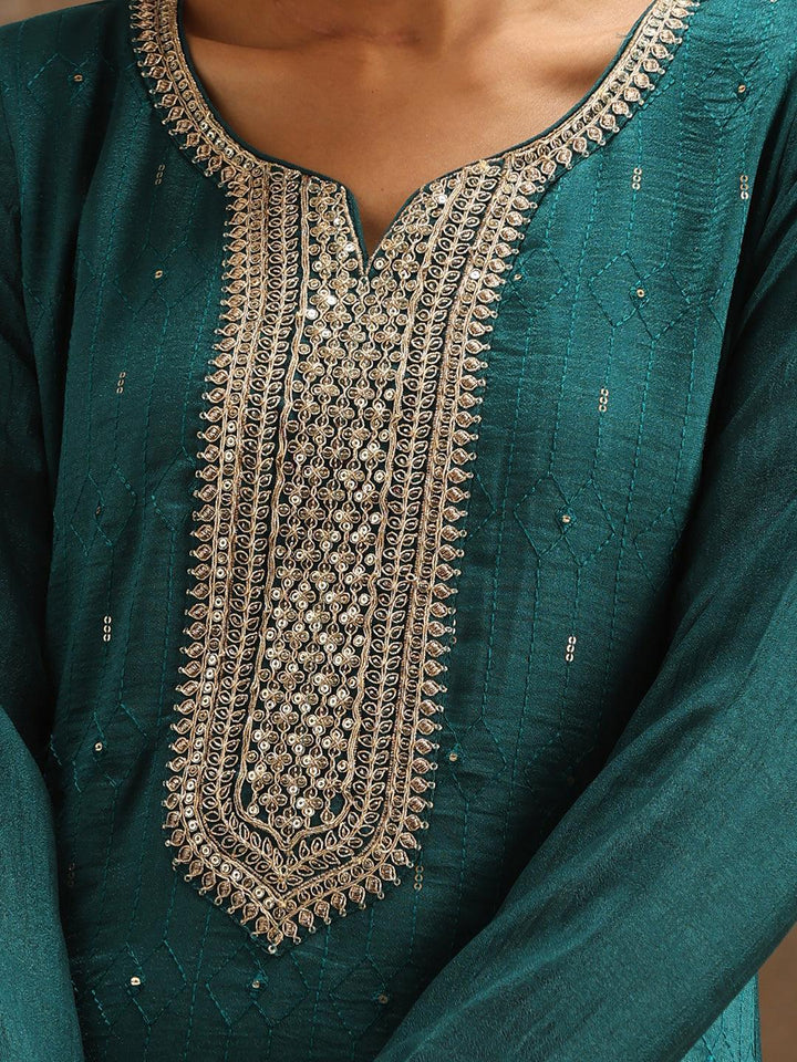 Teal Embroidered Silk Blend Suit Set With Trousers