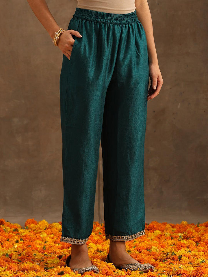 Teal Embroidered Silk Blend Suit Set With Trousers