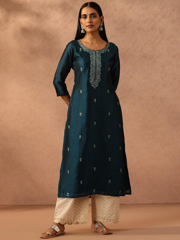 Teal Embellished Silk Straight Kurta