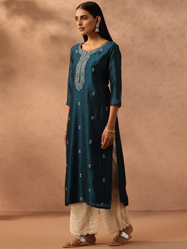 Teal Embellished Silk Straight Kurta