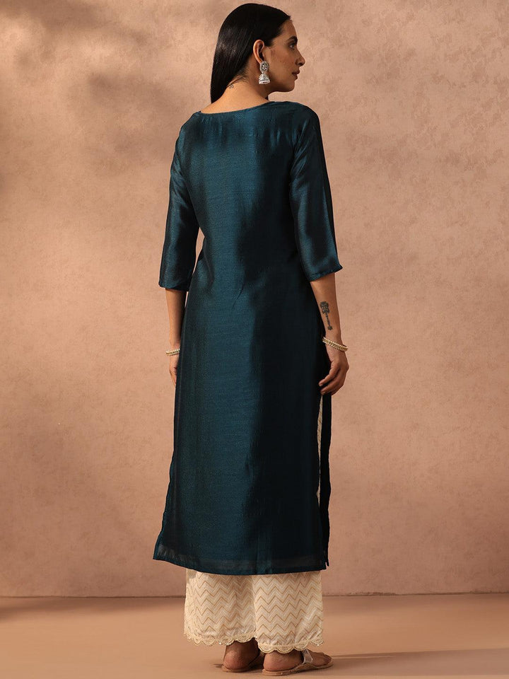 Teal Embellished Silk Straight Kurta