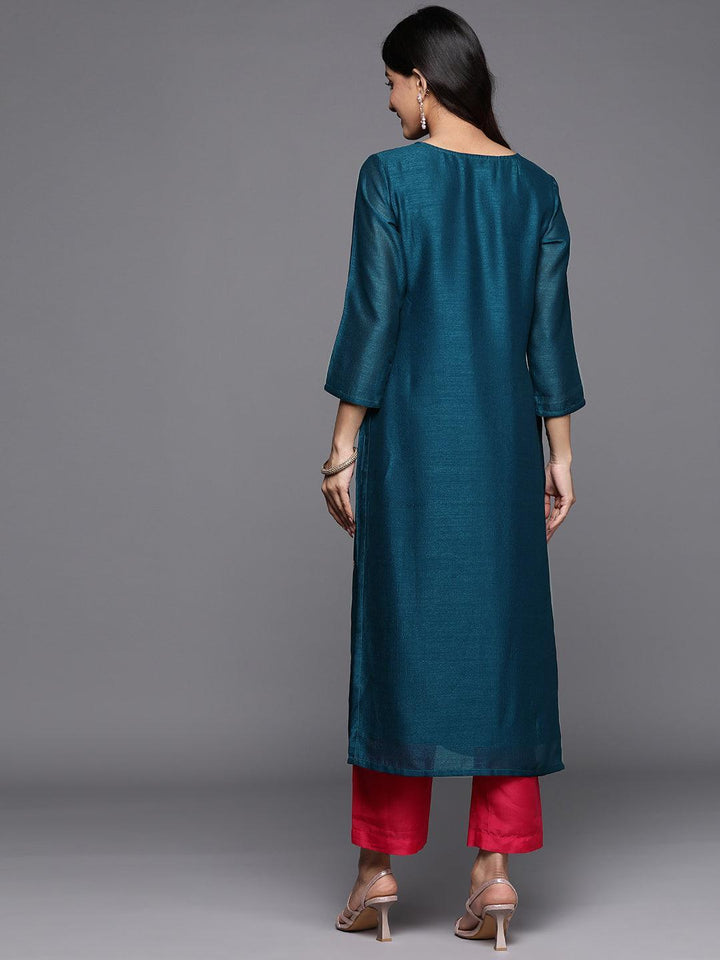 Teal Embellished Silk Straight Kurta