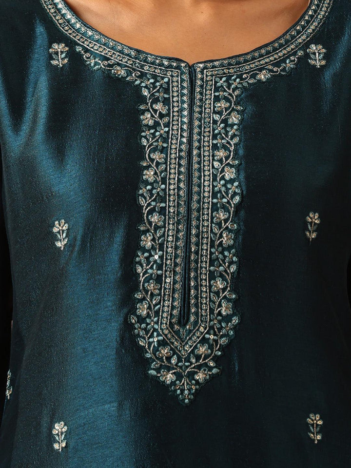 Teal Embellished Silk Straight Kurta