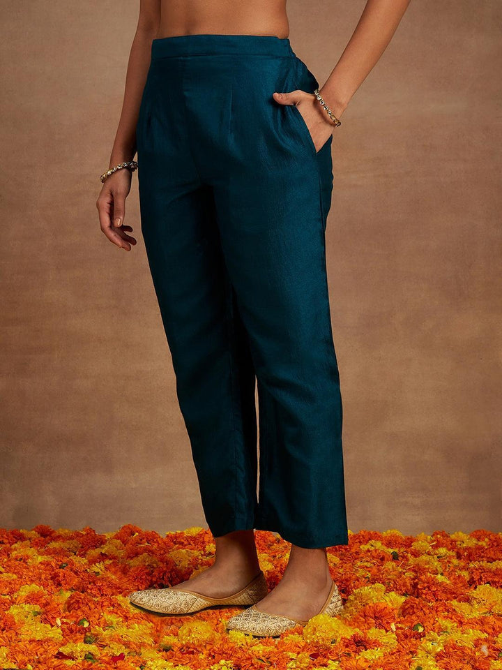 Teal Embroidered Silk Straight Suit With Dupatta