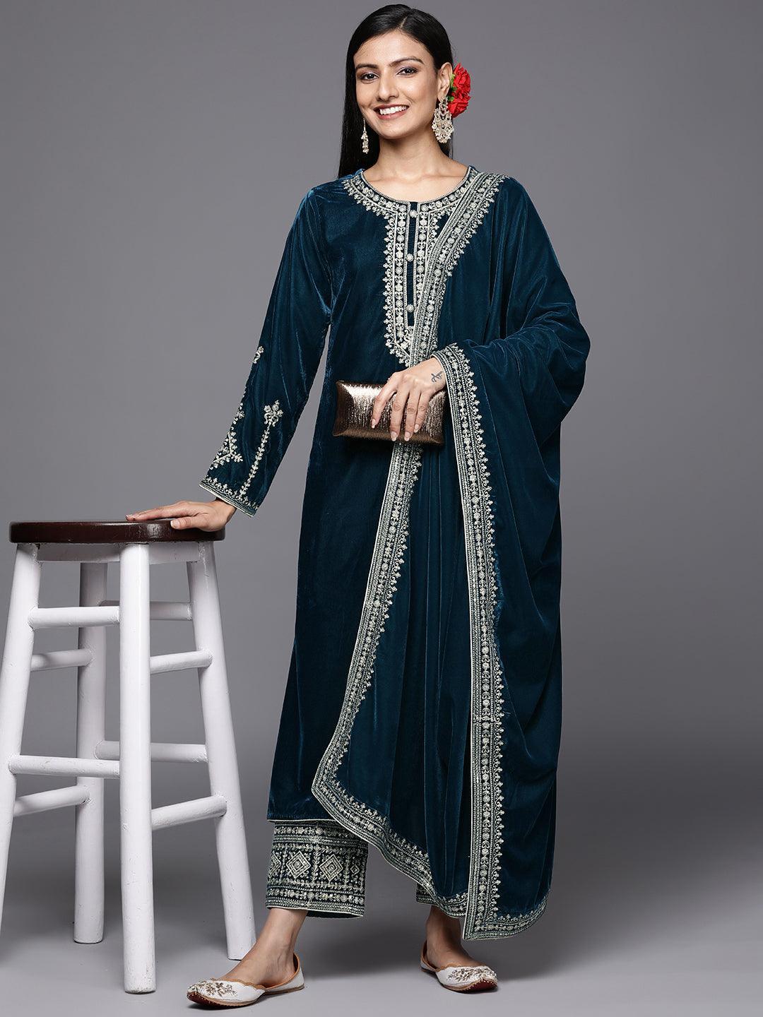 Teal Embroidered Velvet A-Line Suit Set - ShopLibas