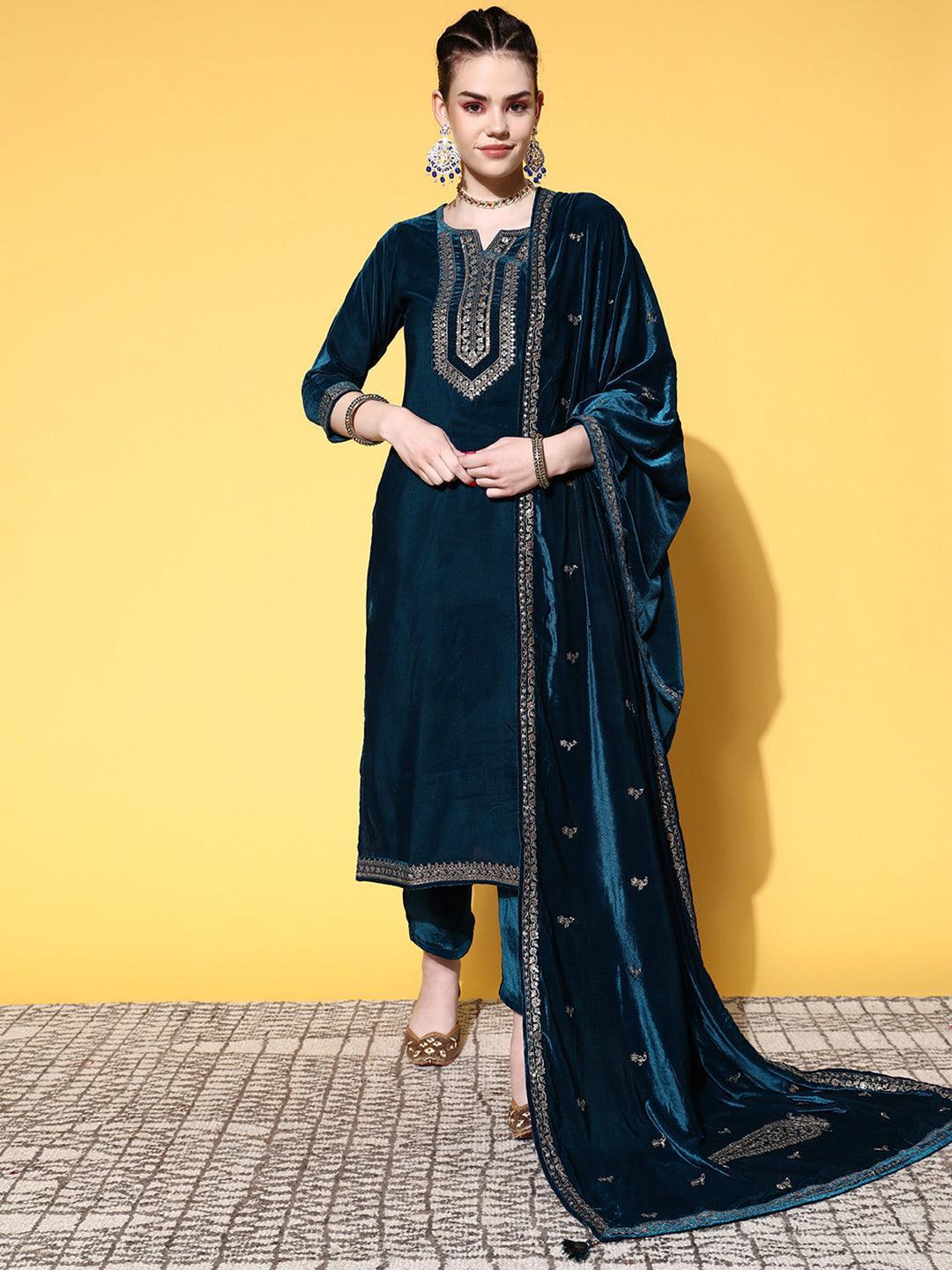 Teal Embroidered Velvet Straight Suit Set - ShopLibas