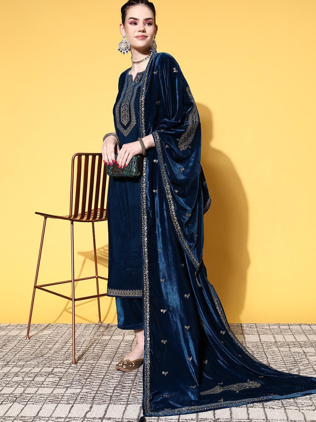 Teal Embroidered Velvet Straight Suit Set - ShopLibas