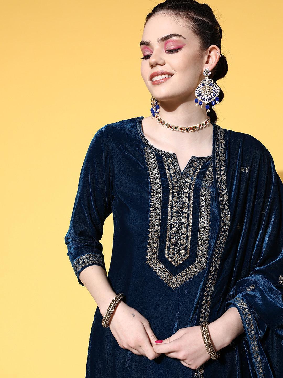 Teal Embroidered Velvet Straight Suit Set - ShopLibas