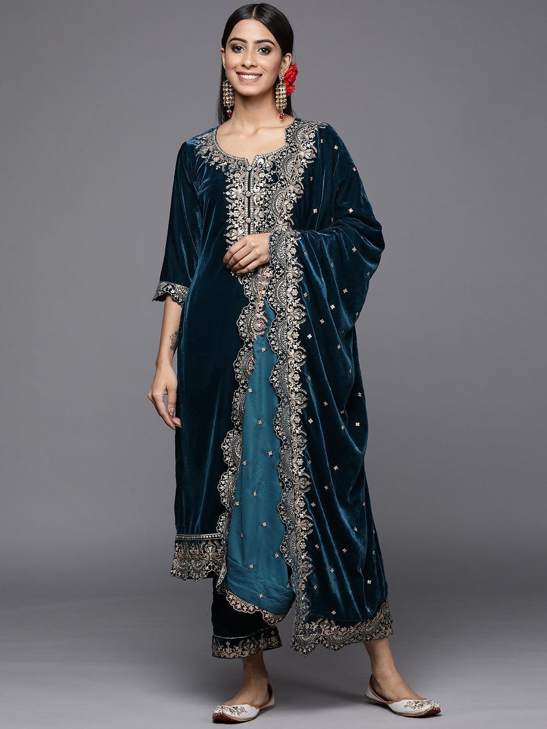 Teal Embroidered Velvet Straight Suit Set - ShopLibas