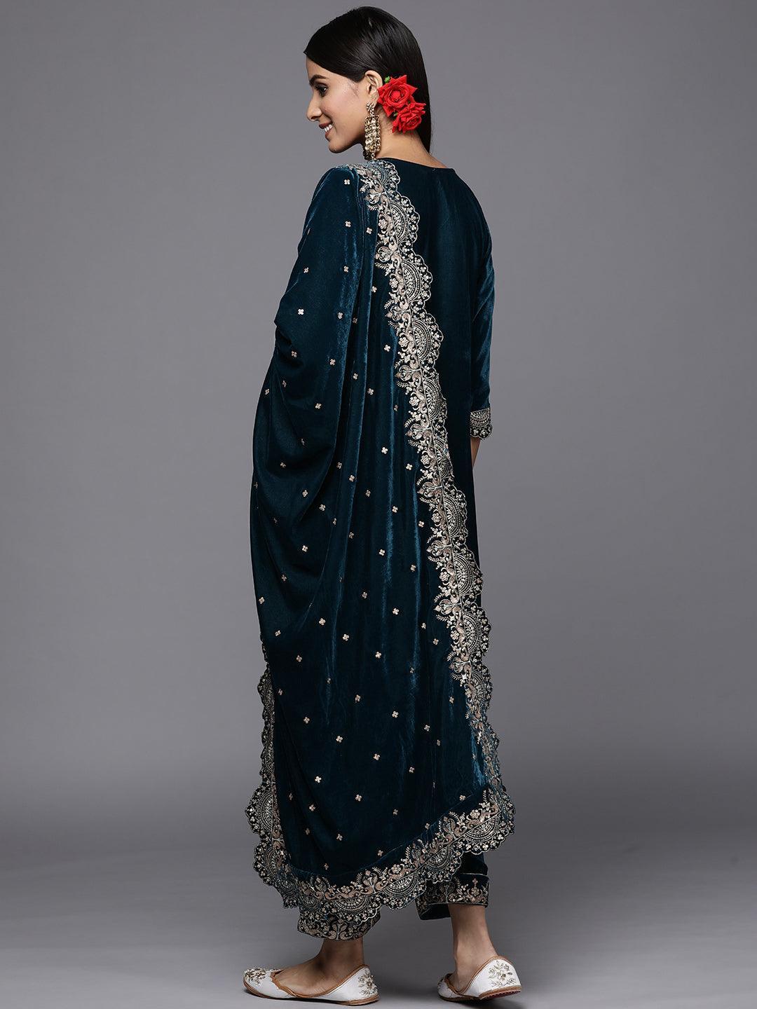 Teal Embroidered Velvet Straight Suit Set - ShopLibas