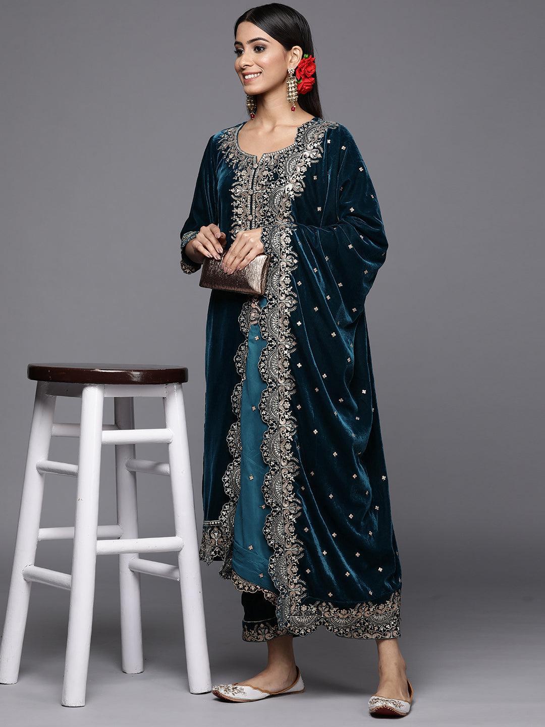 Teal Embroidered Velvet Straight Suit Set - ShopLibas