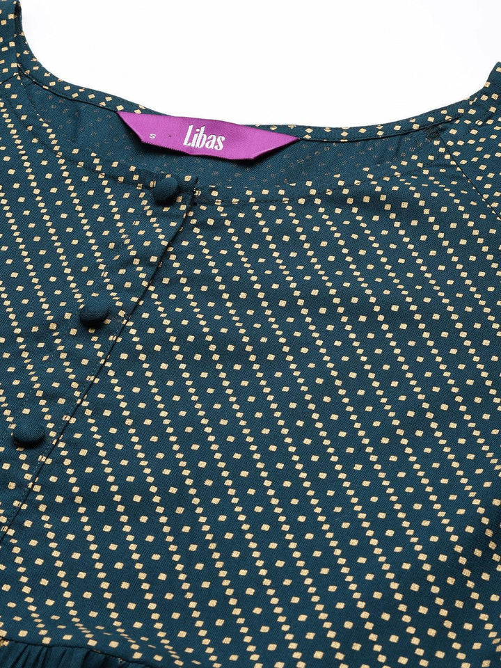 Teal Printed Rayon A-Line Kurti