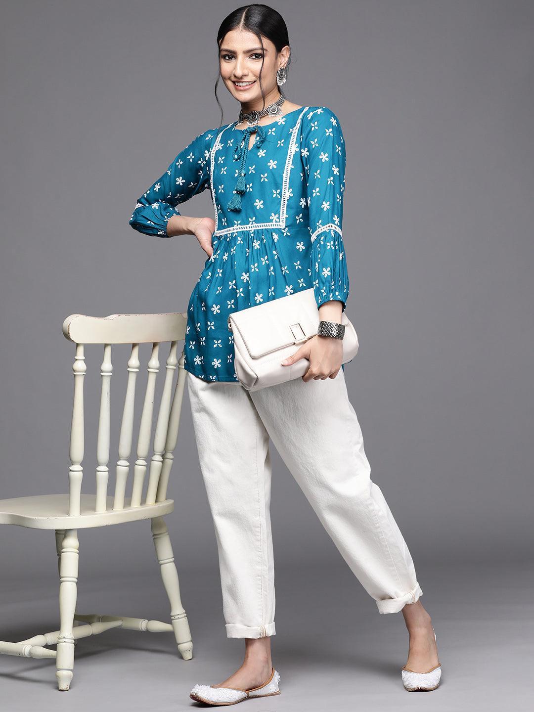 Teal Printed Rayon Kurti - ShopLibas