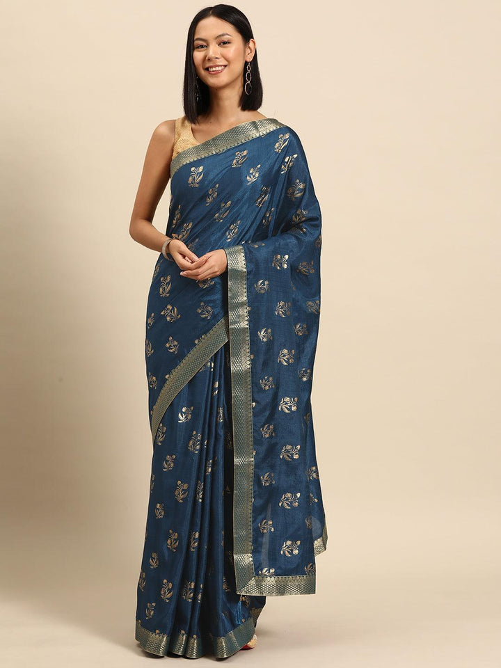 Teal Printed Silk Blend Saree