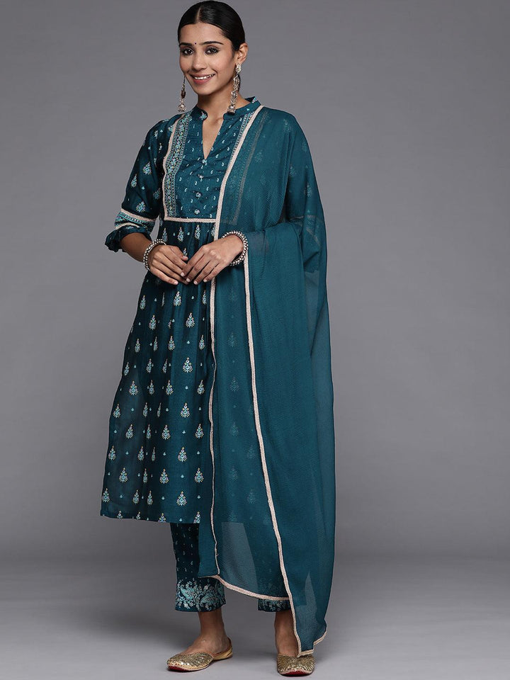 Teal Printed Silk Blend Straight Kurta With Dupatta
