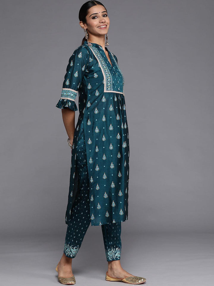 Teal Printed Silk Blend Straight Kurta With Dupatta