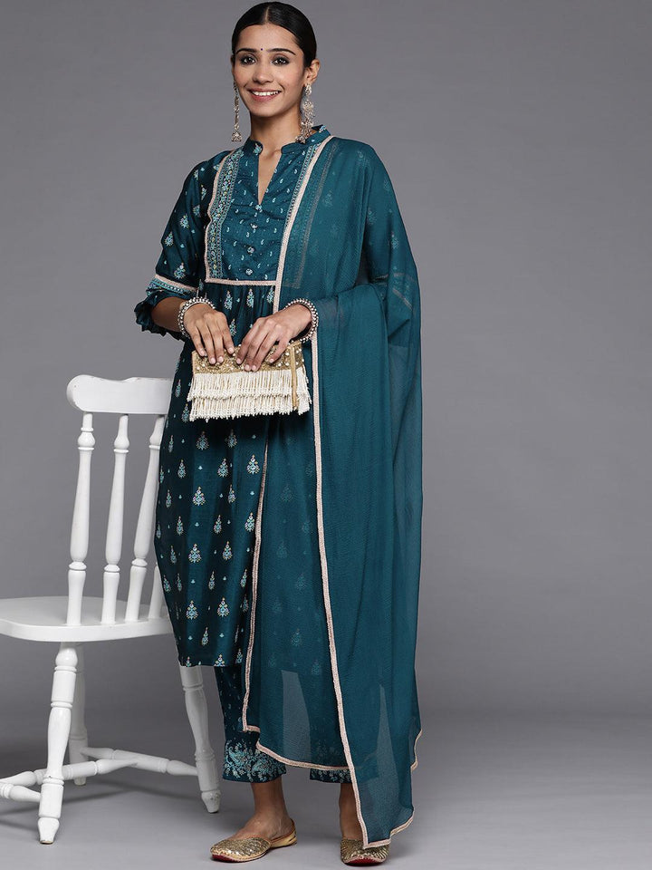 Teal Printed Silk Blend Straight Kurta With Dupatta