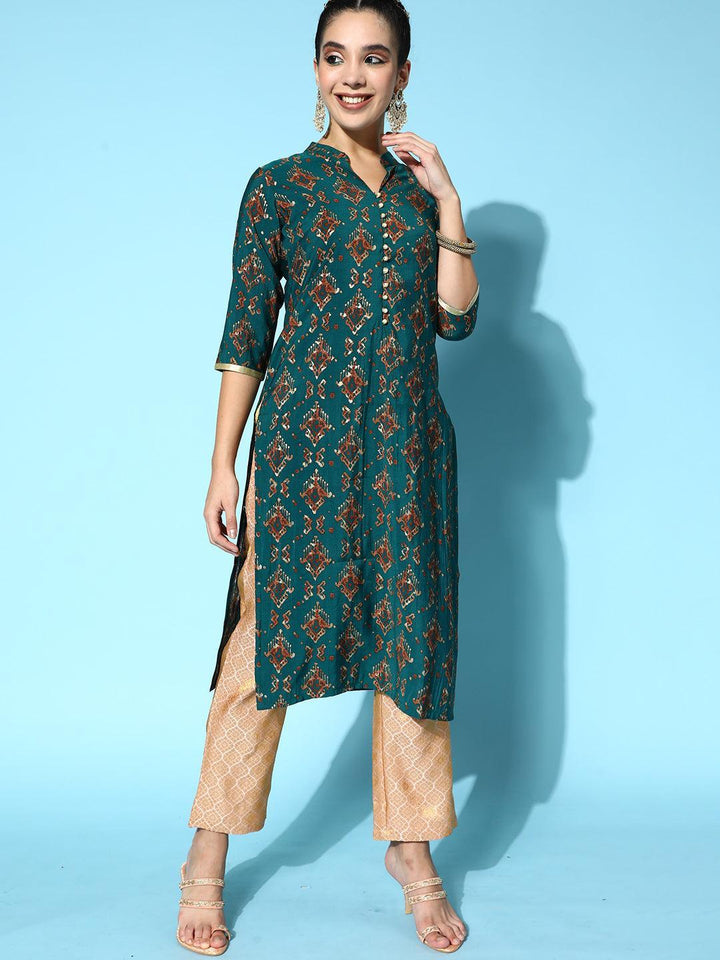Teal Printed Silk Straight Kurta