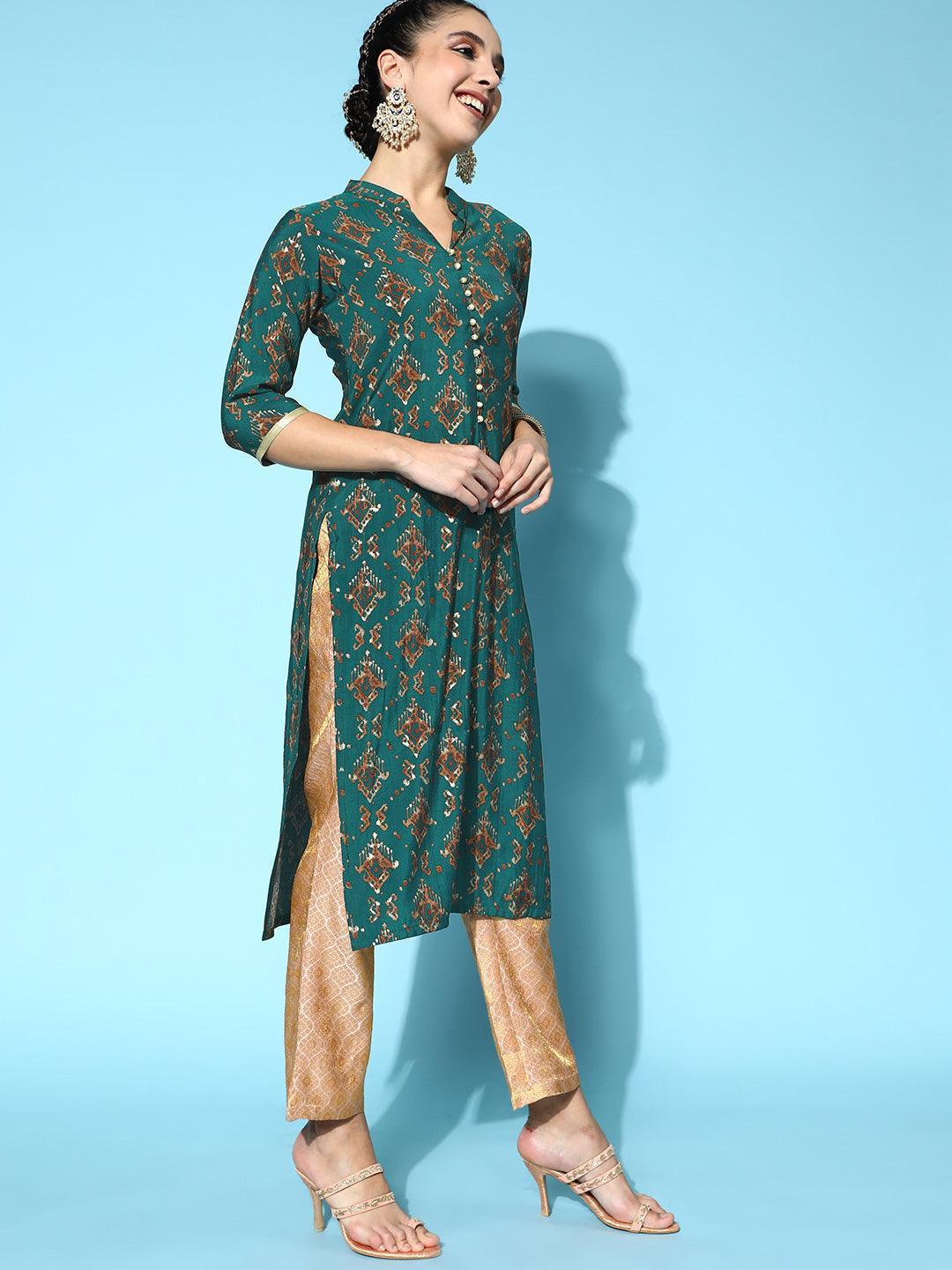 Teal Printed Silk Straight Kurta - ShopLibas