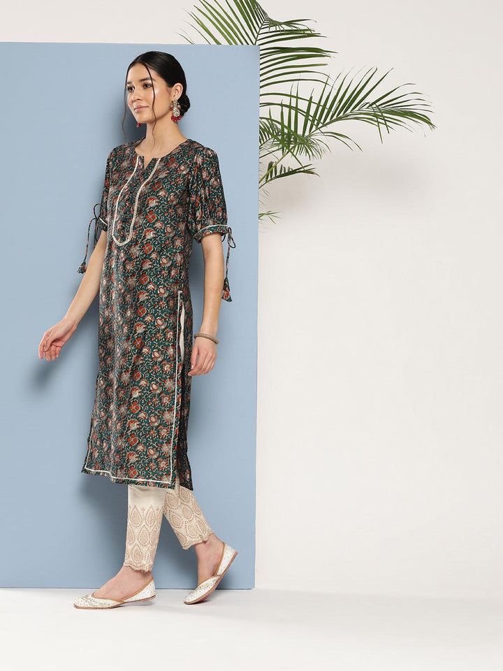 Teal Printed Silk Straight Kurta