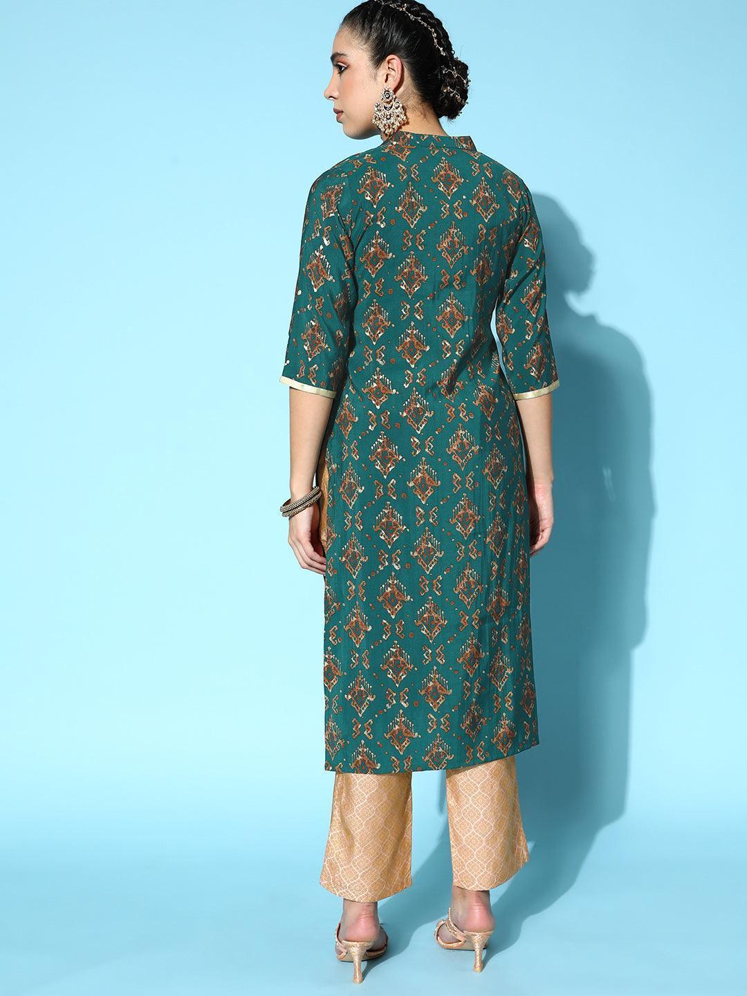 Teal Printed Silk Straight Kurta - ShopLibas