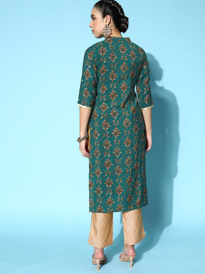 Teal Printed Silk Straight Kurta