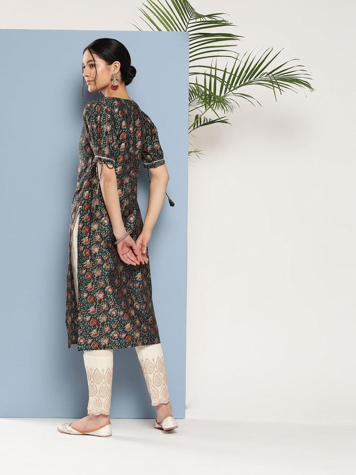 Teal Printed Silk Straight Kurta
