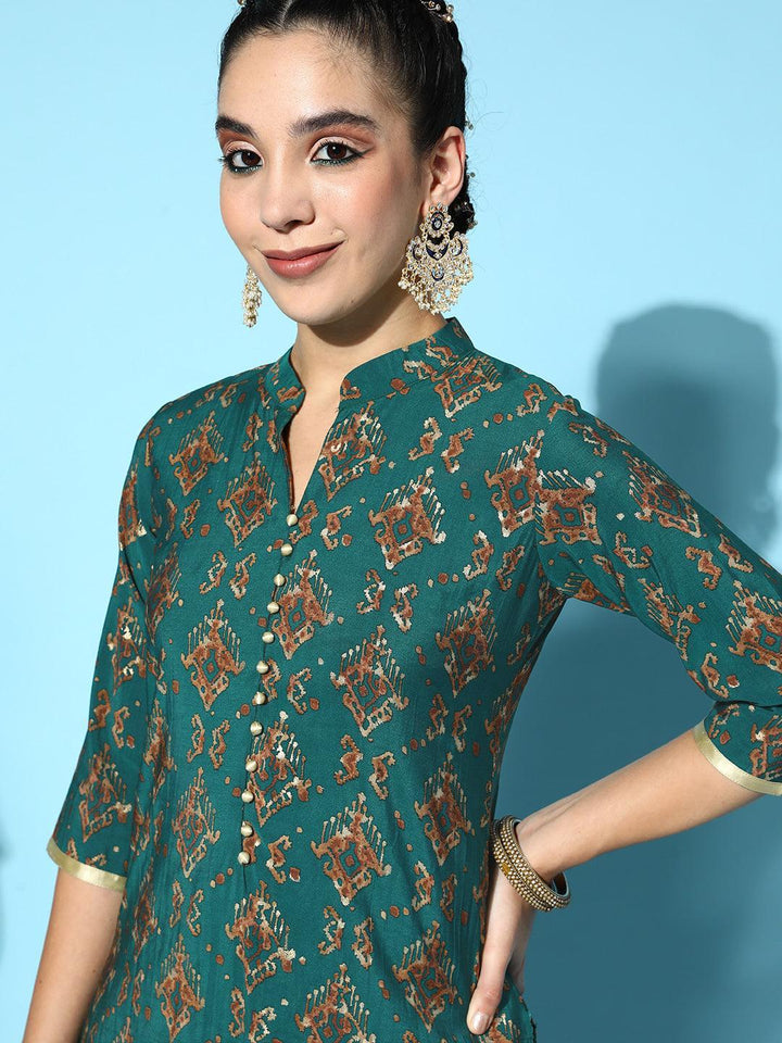 Teal Printed Silk Straight Kurta