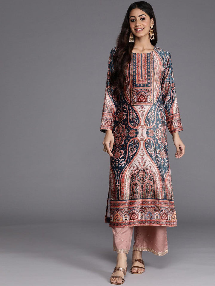 Teal Printed Velvet Straight Kurta