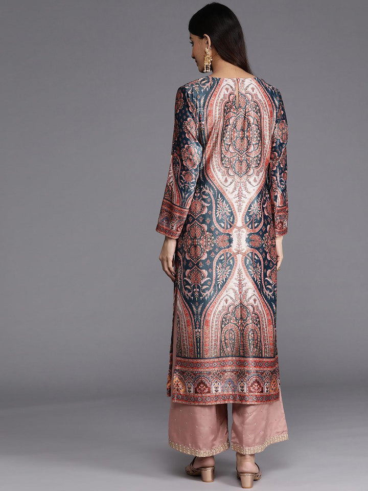 Teal Printed Velvet Straight Kurta