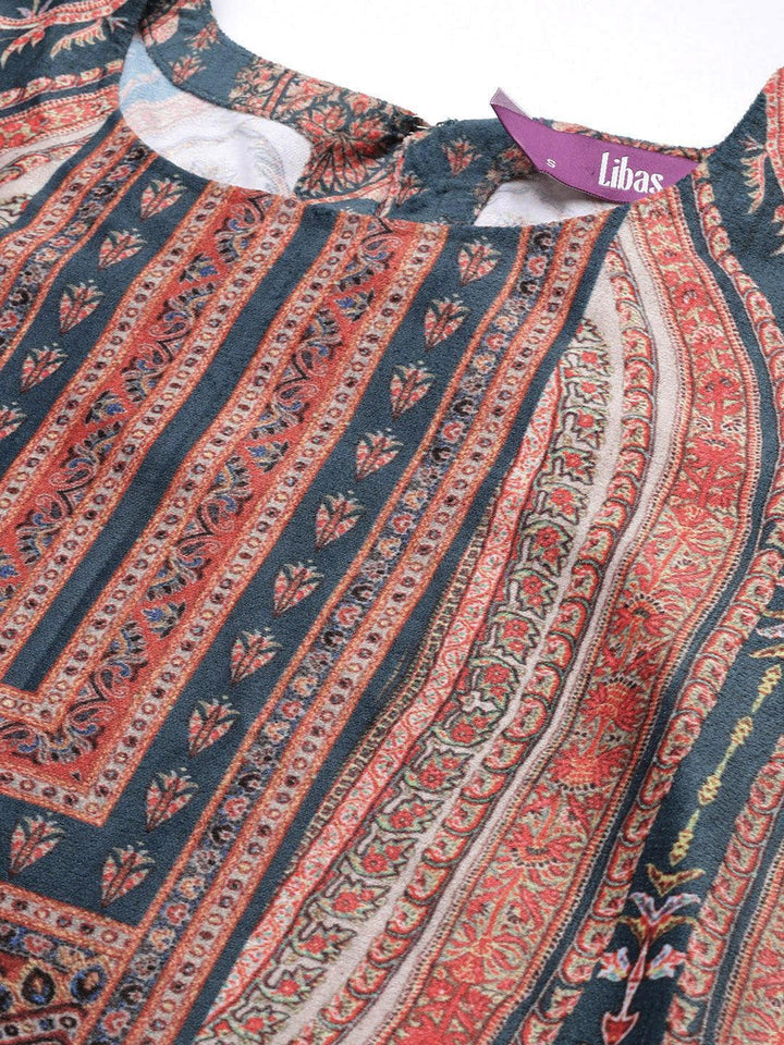 Teal Printed Velvet Straight Kurta