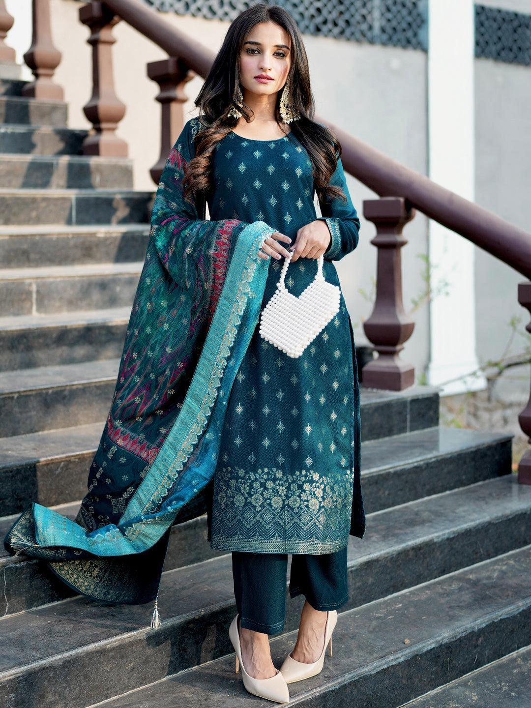 Buy Teal Self Design Pashmina Wool Straight Suit Set Online in USA at  $87.00