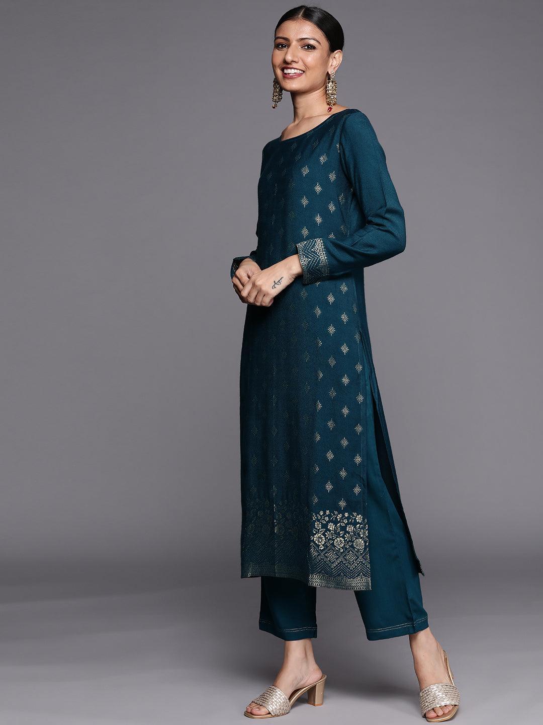 Teal Self Design Pashmina Wool Straight Suit Set - ShopLibas
