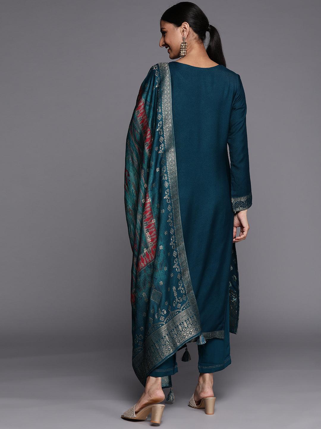 Teal Self Design Pashmina Wool Straight Suit Set - ShopLibas