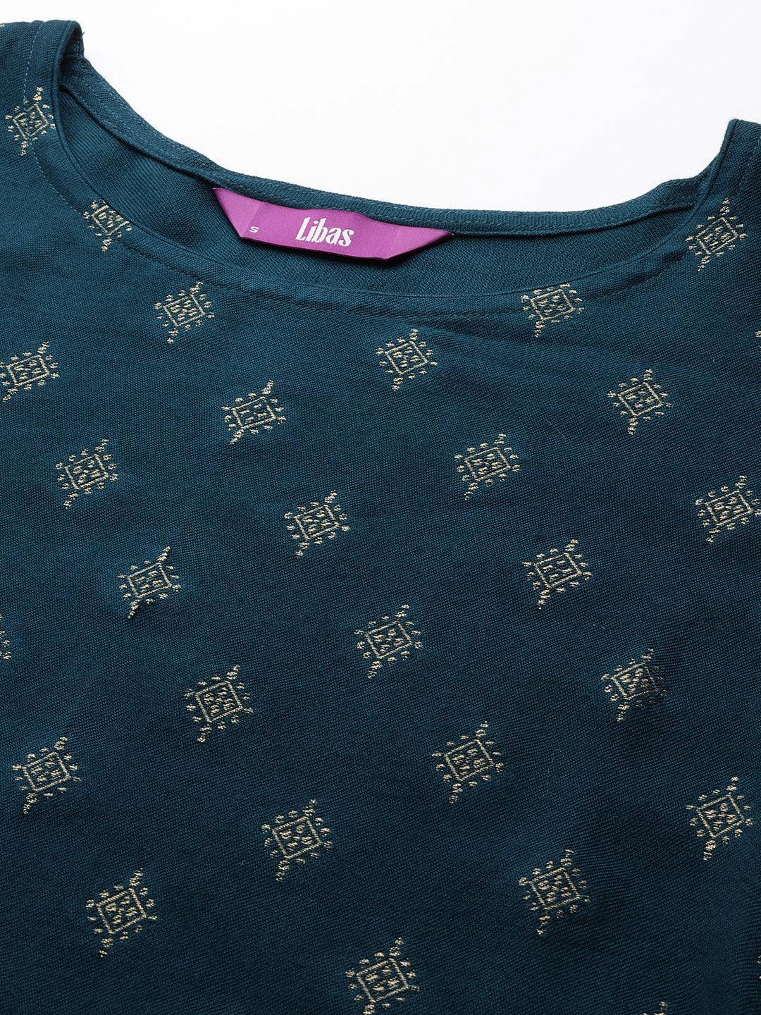 Teal Self Design Pashmina Wool Straight Suit Set - ShopLibas