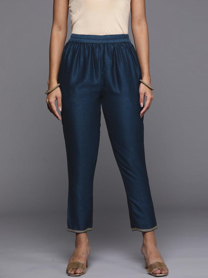 Teal Solid Silk Blend Trousers