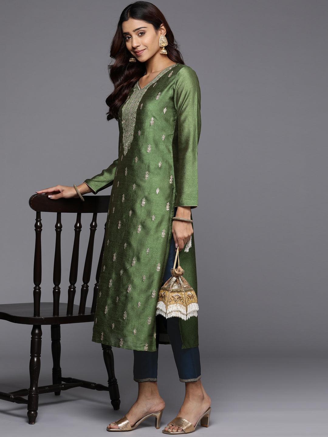 Teal Solid Silk Blend Trousers - Libas