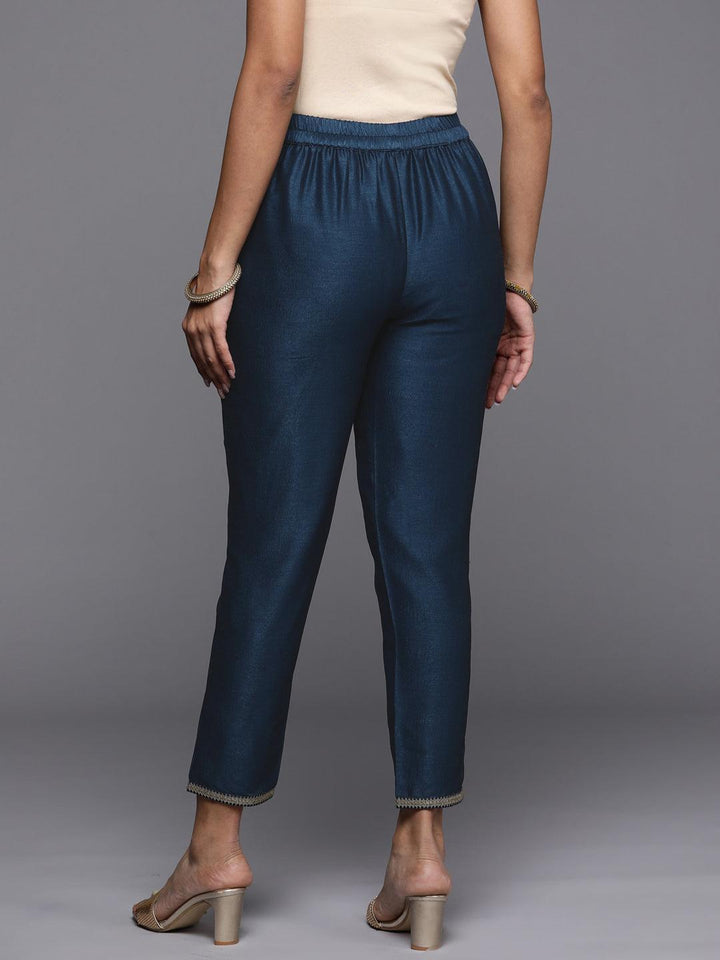 Teal Solid Silk Blend Trousers