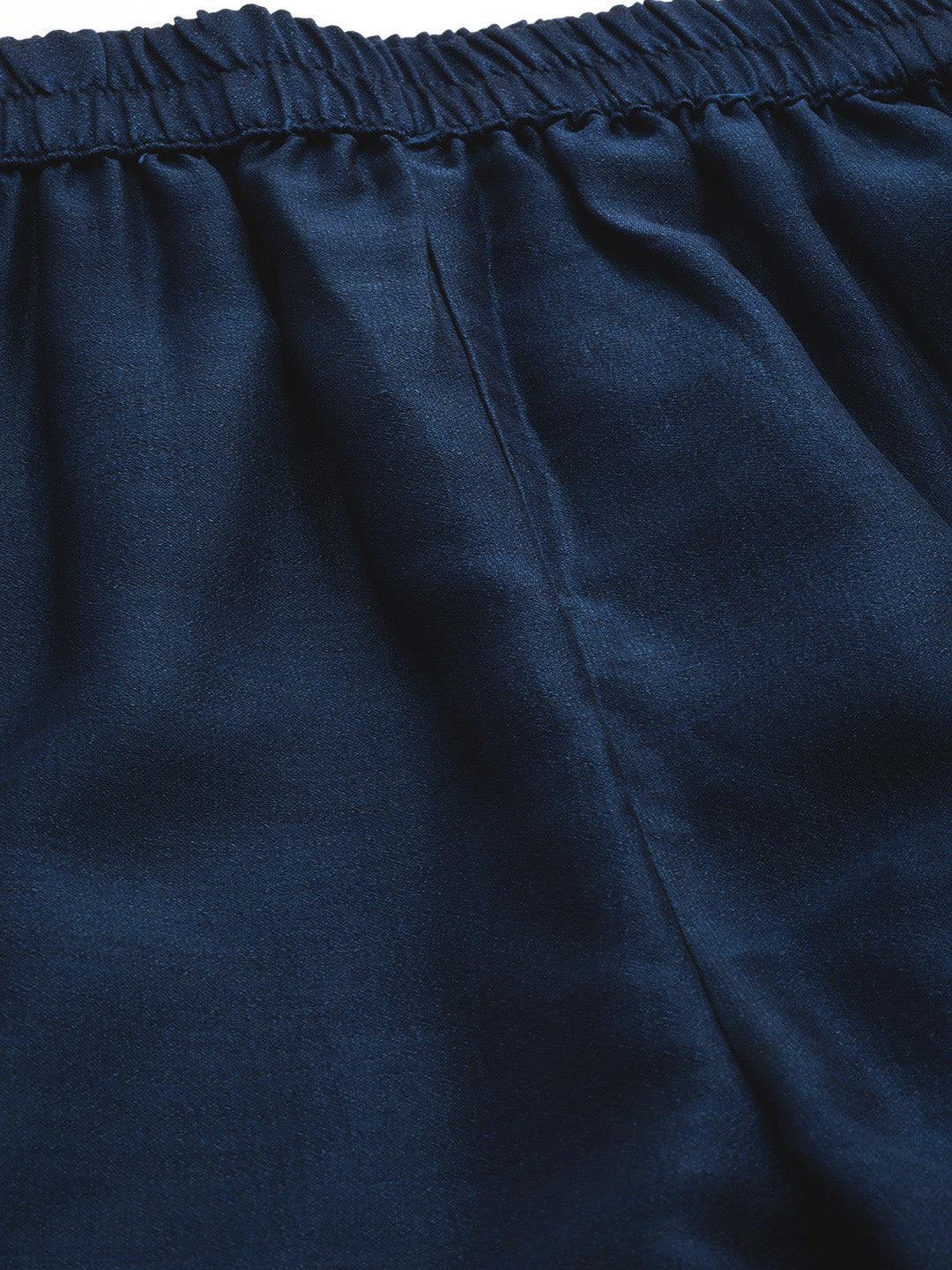 Teal Solid Silk Blend Trousers - Libas