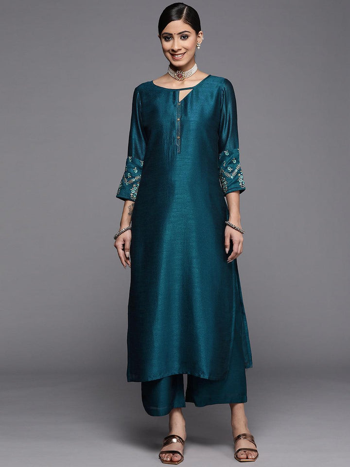 Teal Solid Silk Kurta