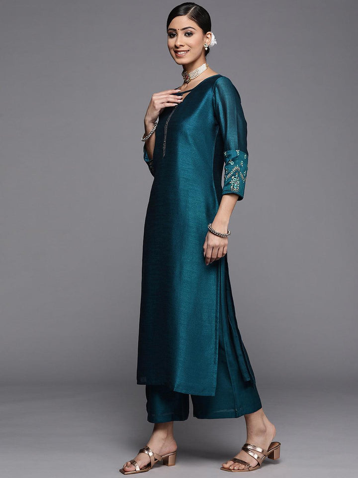 Teal Solid Silk Kurta