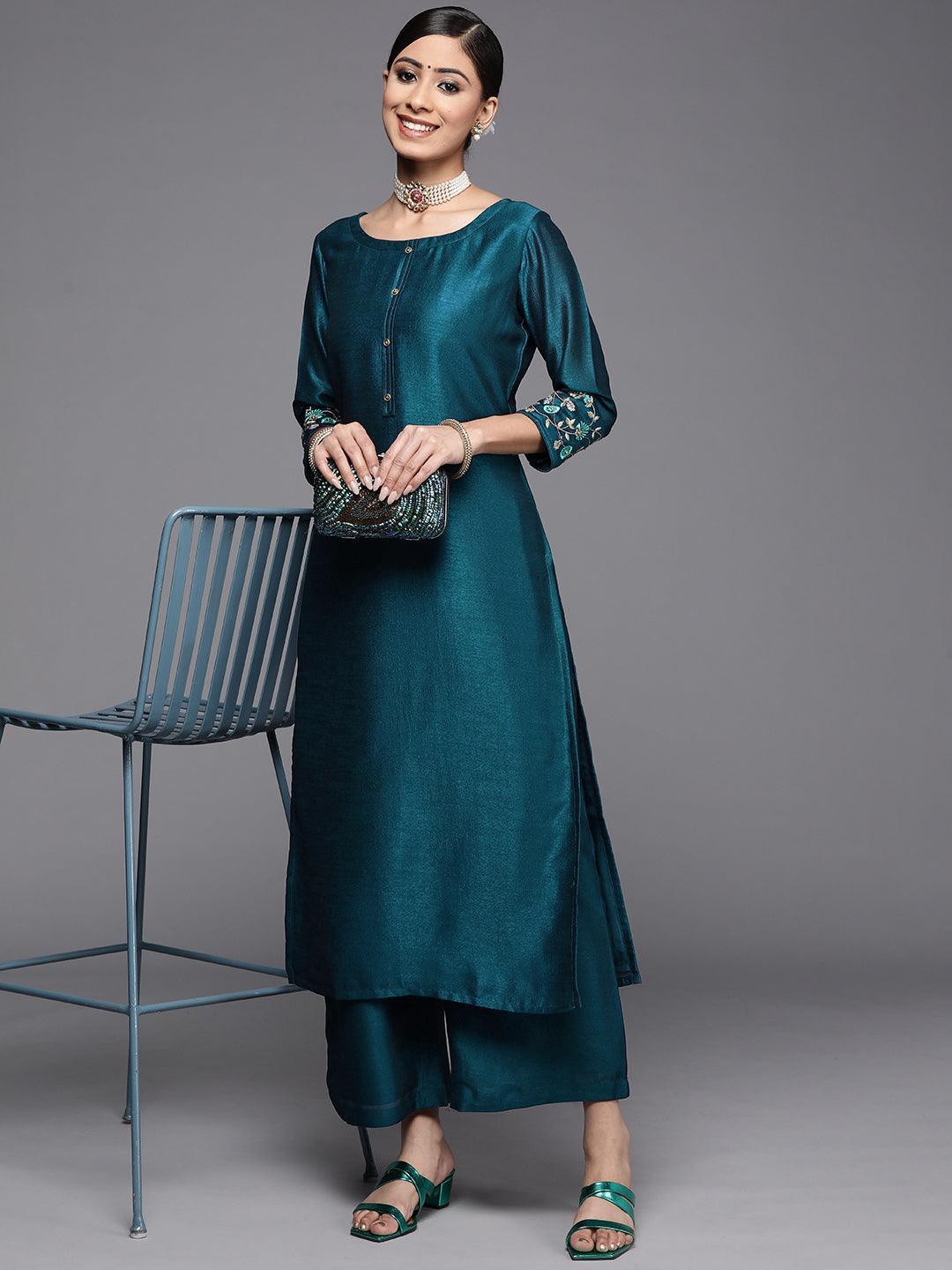 Teal Solid Silk Kurta - ShopLibas