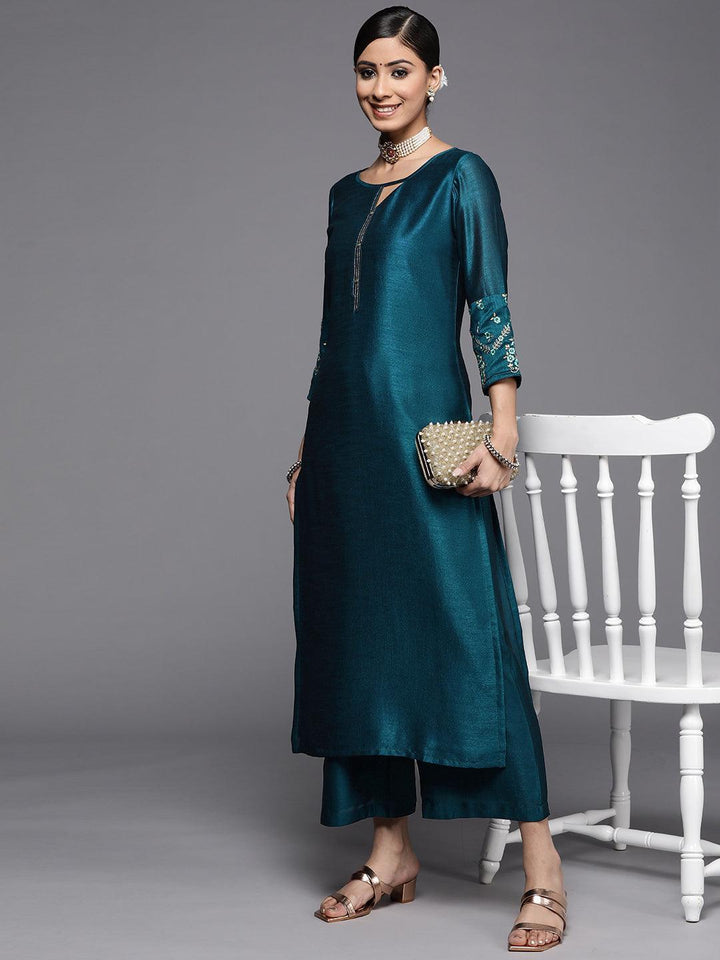 Teal Solid Silk Kurta