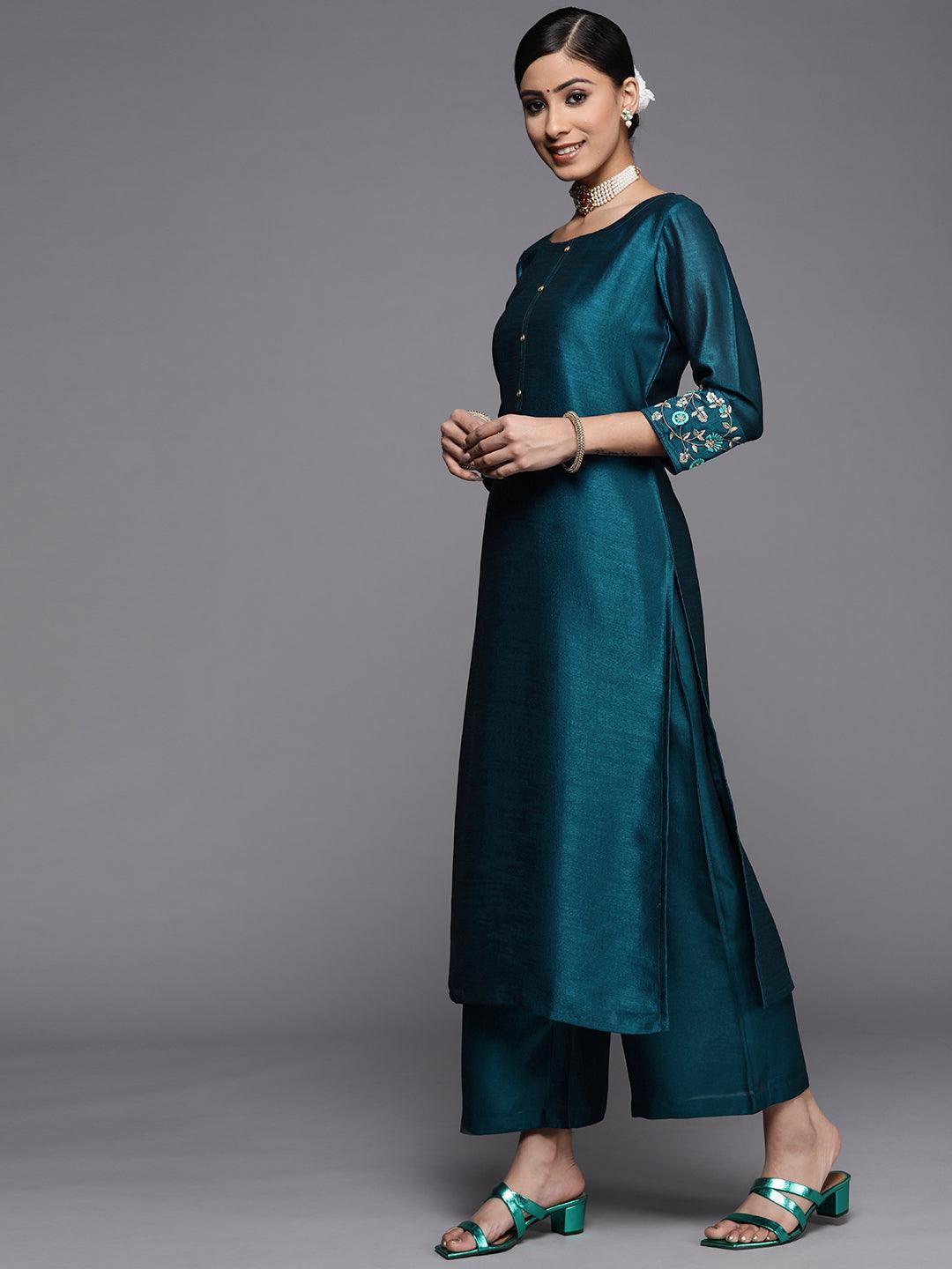 Teal Solid Silk Kurta - ShopLibas