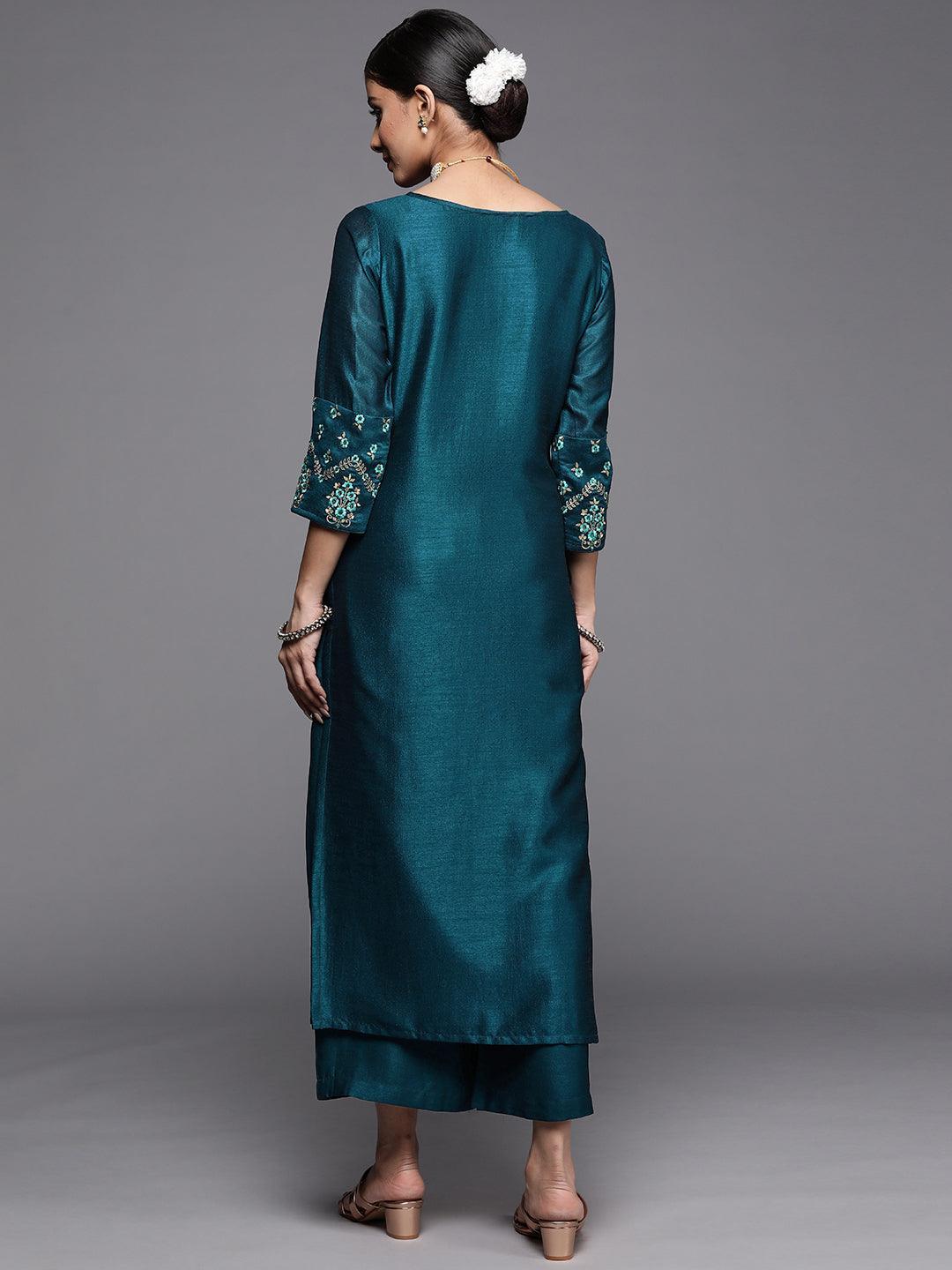 Teal Solid Silk Kurta - ShopLibas