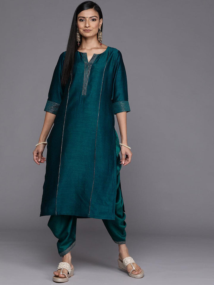 Teal Solid Silk Straight Kurta