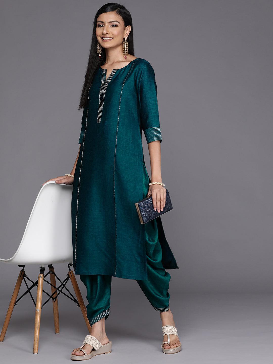Teal Solid Silk Straight Kurta - ShopLibas