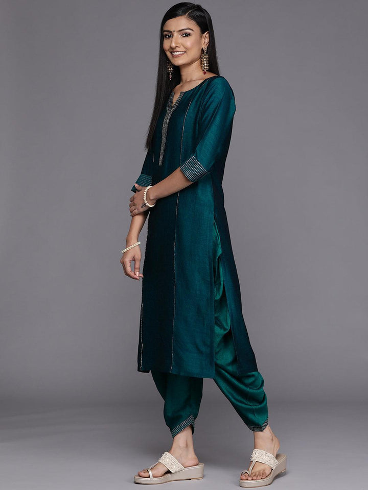 Teal Solid Silk Straight Kurta