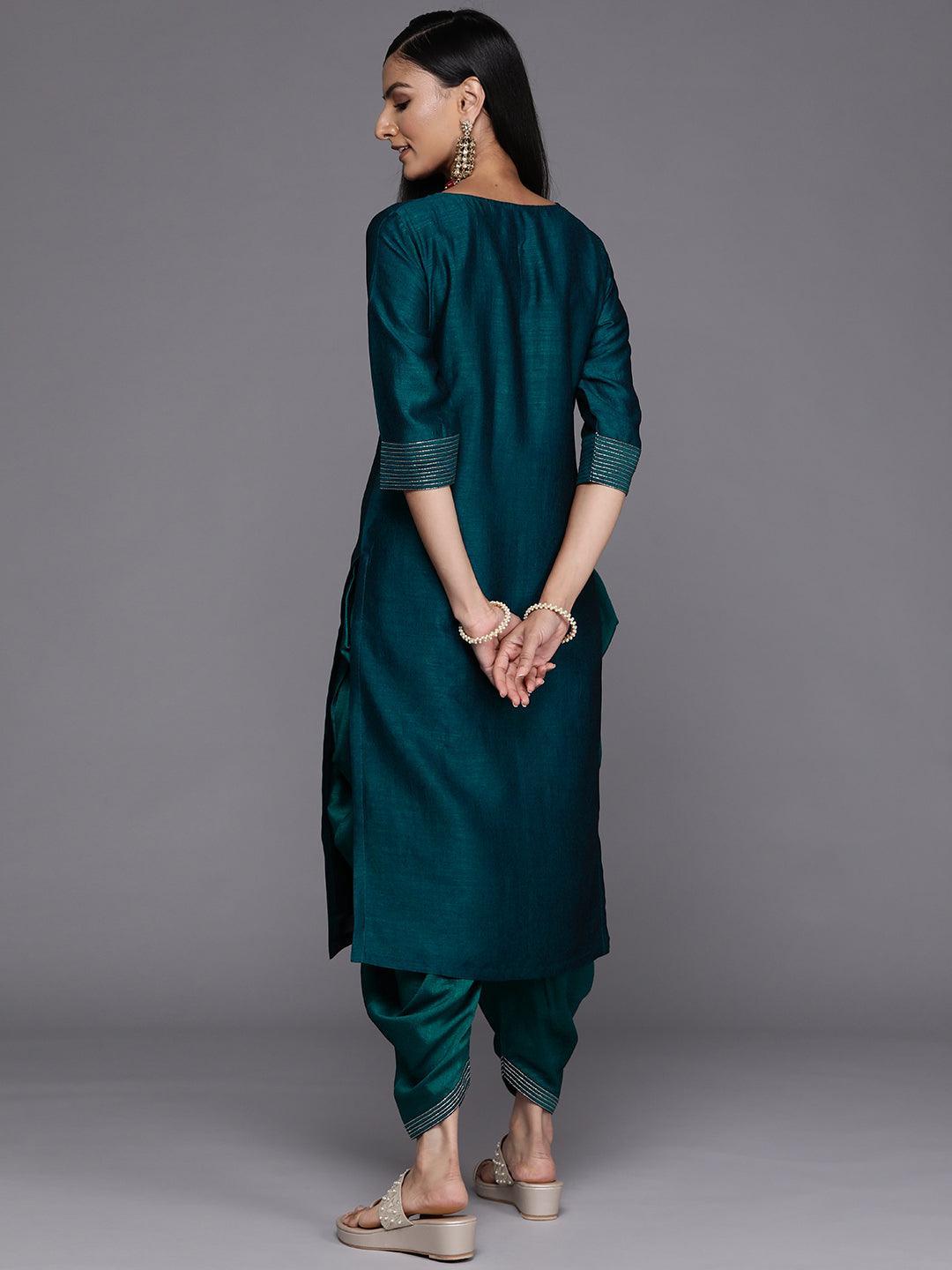 Teal Solid Silk Straight Kurta - ShopLibas