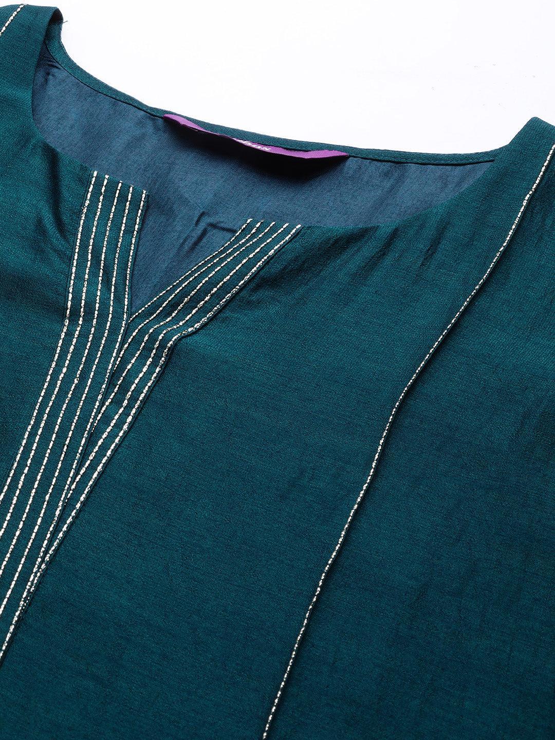 Teal Solid Silk Straight Kurta - ShopLibas